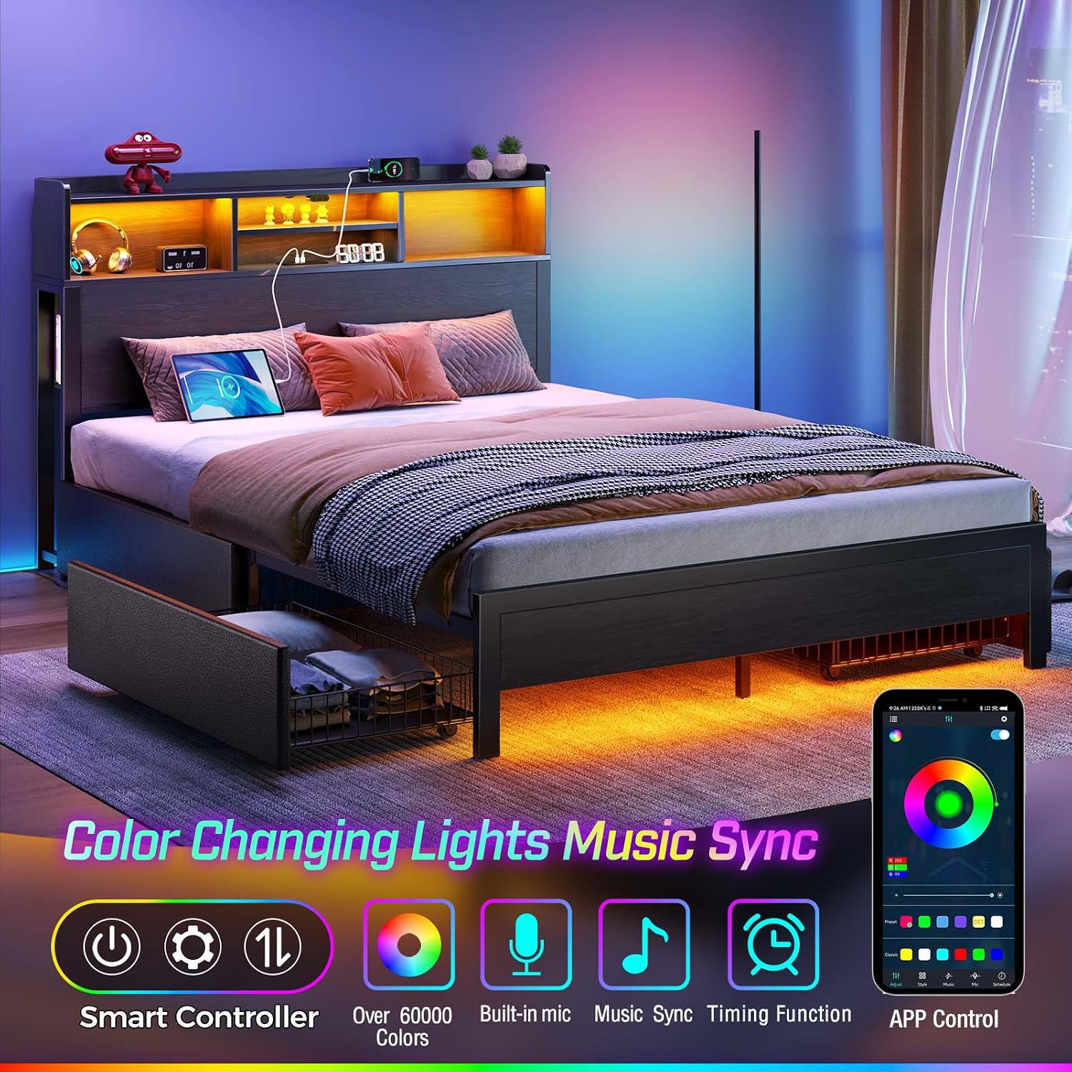 Rolanstar Queen Bed Frame with Storage Headboard & 4 Drawers, Metal Platform Bed with Charging Station, LED Single Bed with Side Shelf, No Box Spring Needed, Easy Assembly, Black