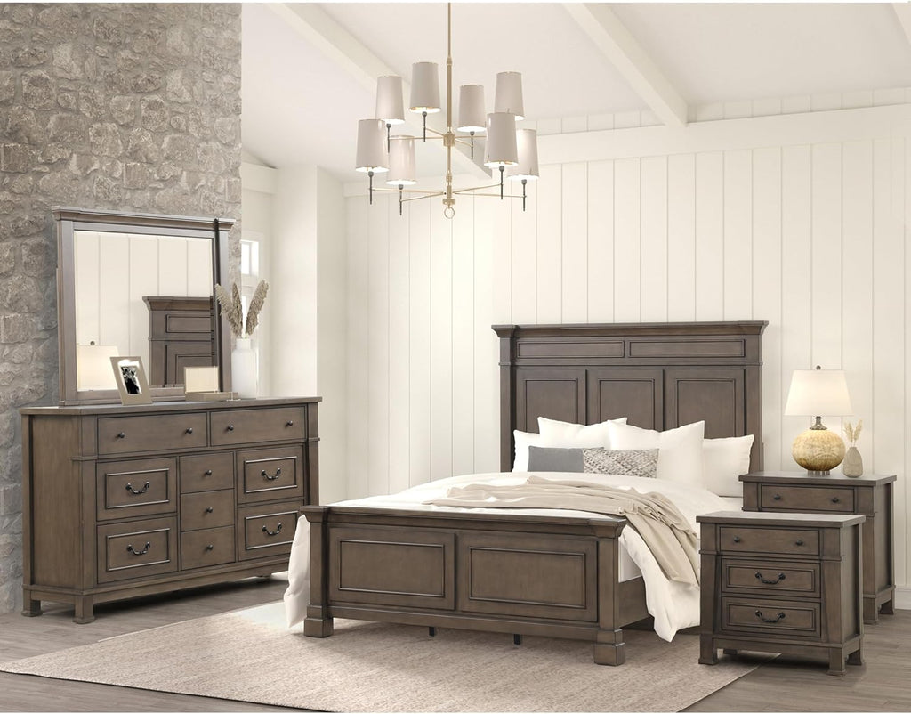 Furniture of America Orvyn Transitional Solid Wood 5-Piece Bedroom Set Queen-Size Bed with USB on Nightstand, French and English Dovetail, Box Spring Required, Dark Walnut