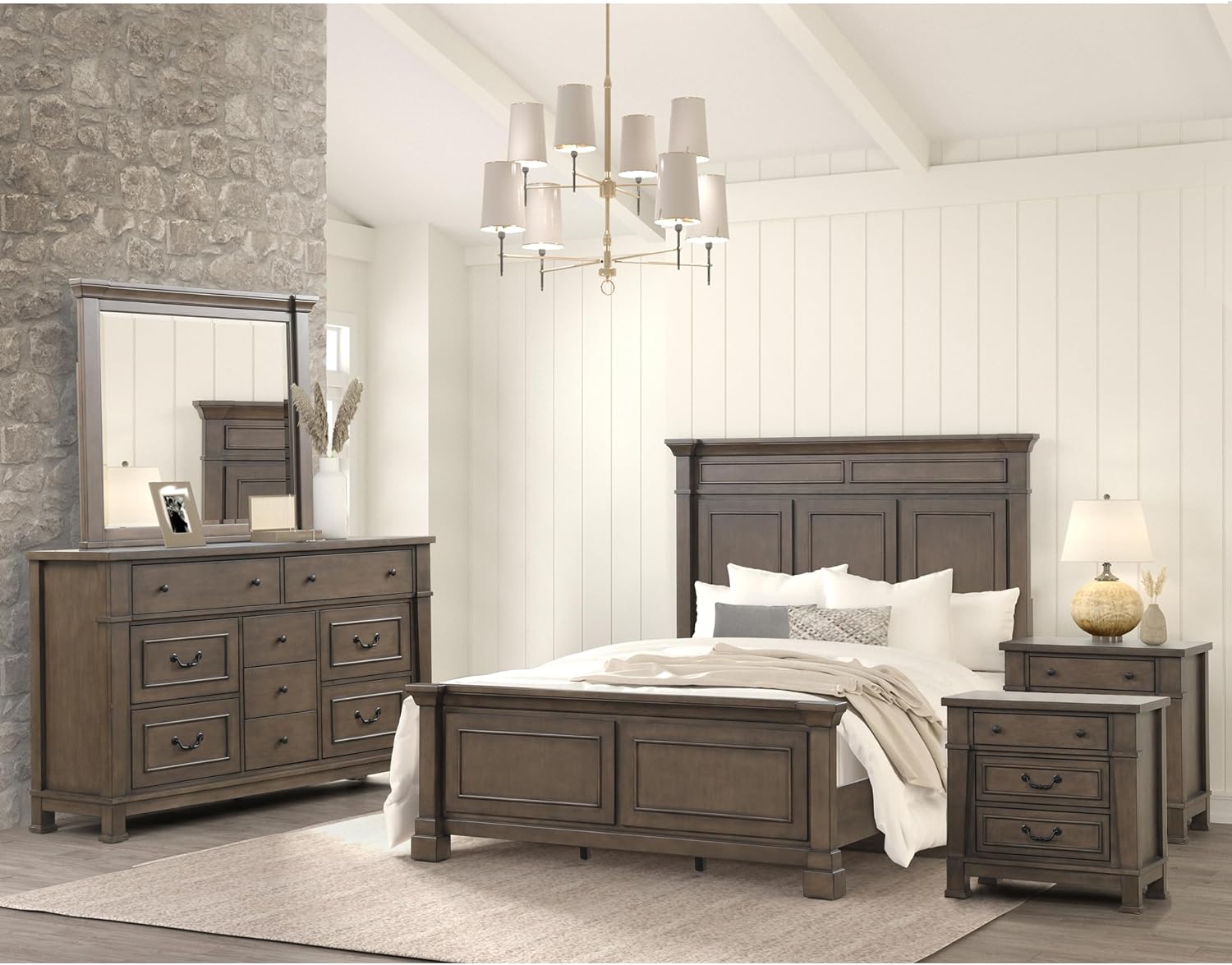 Furniture of America Orvyn Transitional Solid Wood 5-Piece Bedroom Set Queen-Size Bed with USB on Nightstand, French and English Dovetail, Box Spring Required, Dark Walnut