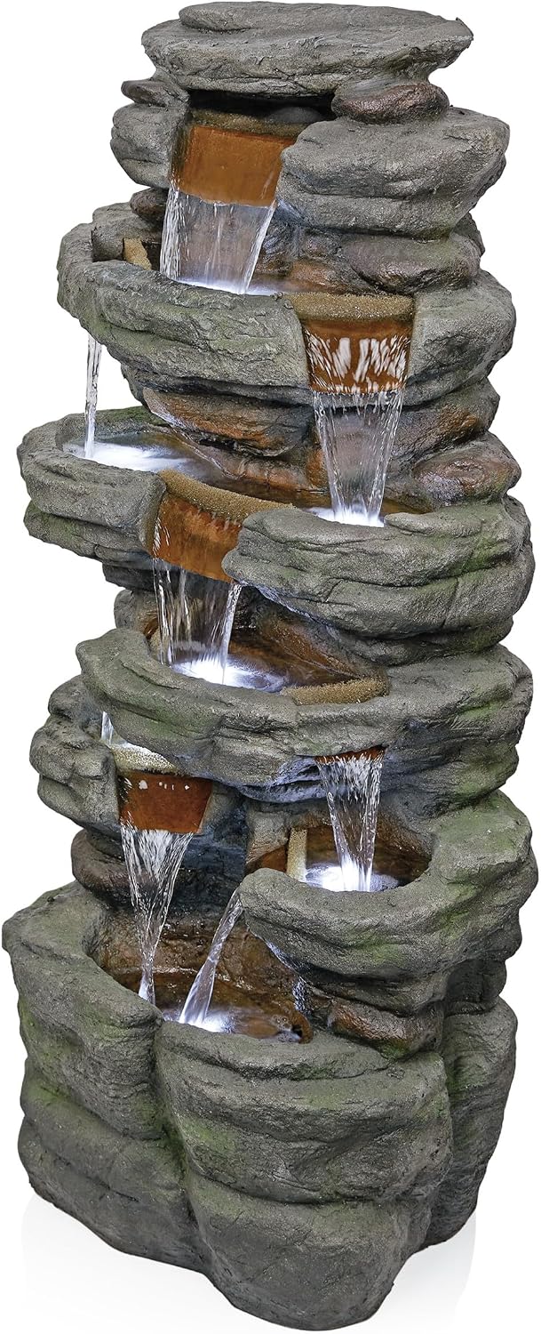 Alpine Corporation TZL352 Outdoor Floor Stone Tower Fountain with LED Lights, Multi-Level Garden Water Fountain, 47'H, Gray