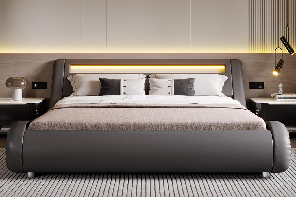 SHA CERLIN LED Full Bed Frame with Adjustable Headboard - Low Profile Sleigh Design, Strong Wood Slats Support and Mattress Foundation, No Box Spring Needed, Grey