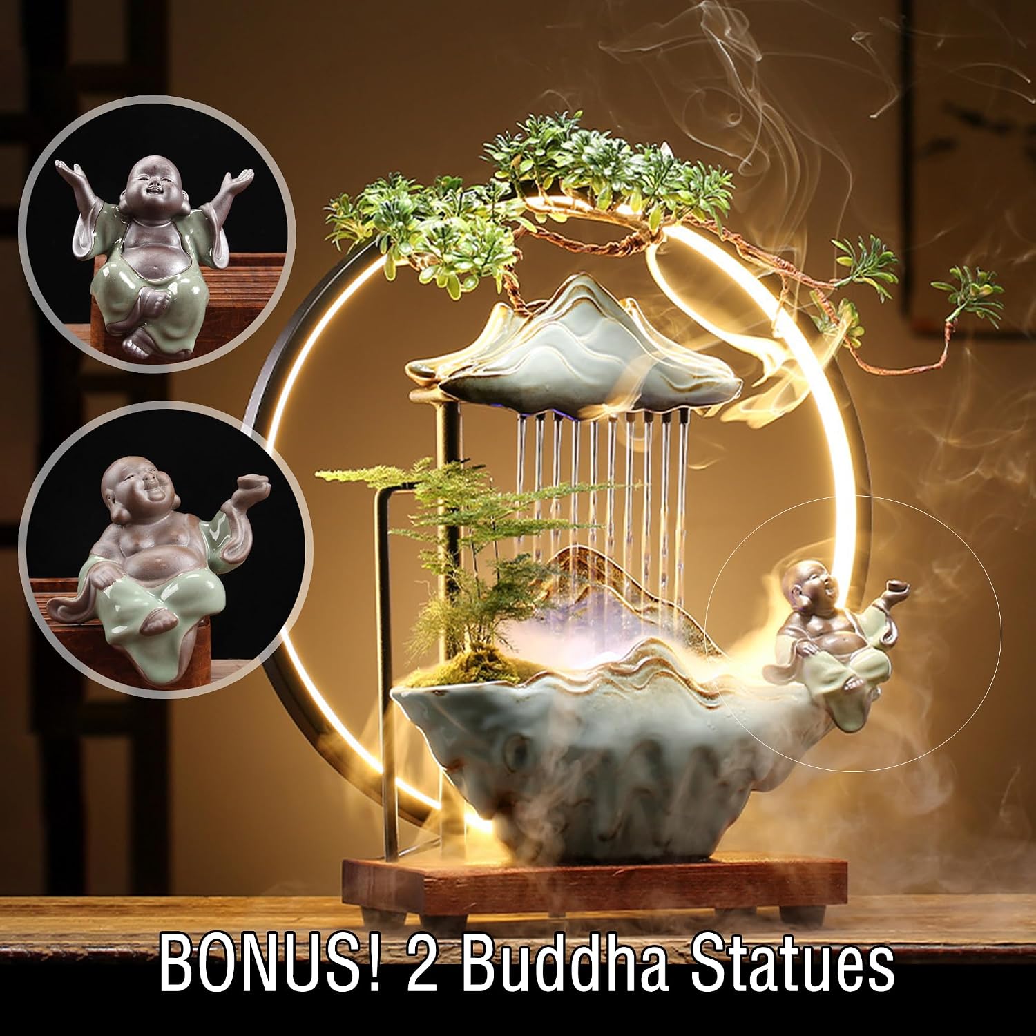 Tabletop Buddha Fountains Indoor Buddha Tabletop Water Fountains with Waterfall Lights Mist Backflow Incense Holder Meditation Indoor Zen Fountain for Home Office Room Decor (2 Buddha Statues)