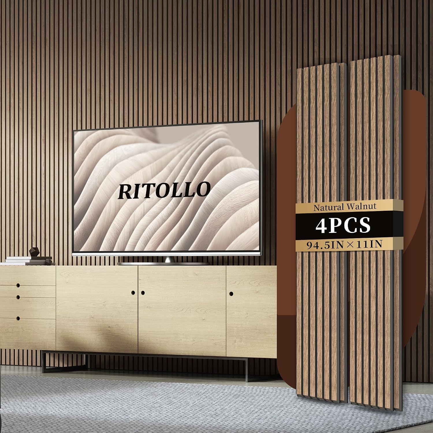RITOLLO 4-Piece Wood Slat Panels for Wall 94.5'×11' Acoustic Panels for Interior Wall Decor 3D Fluted Sound Absorbing Panel - Natural Walnut