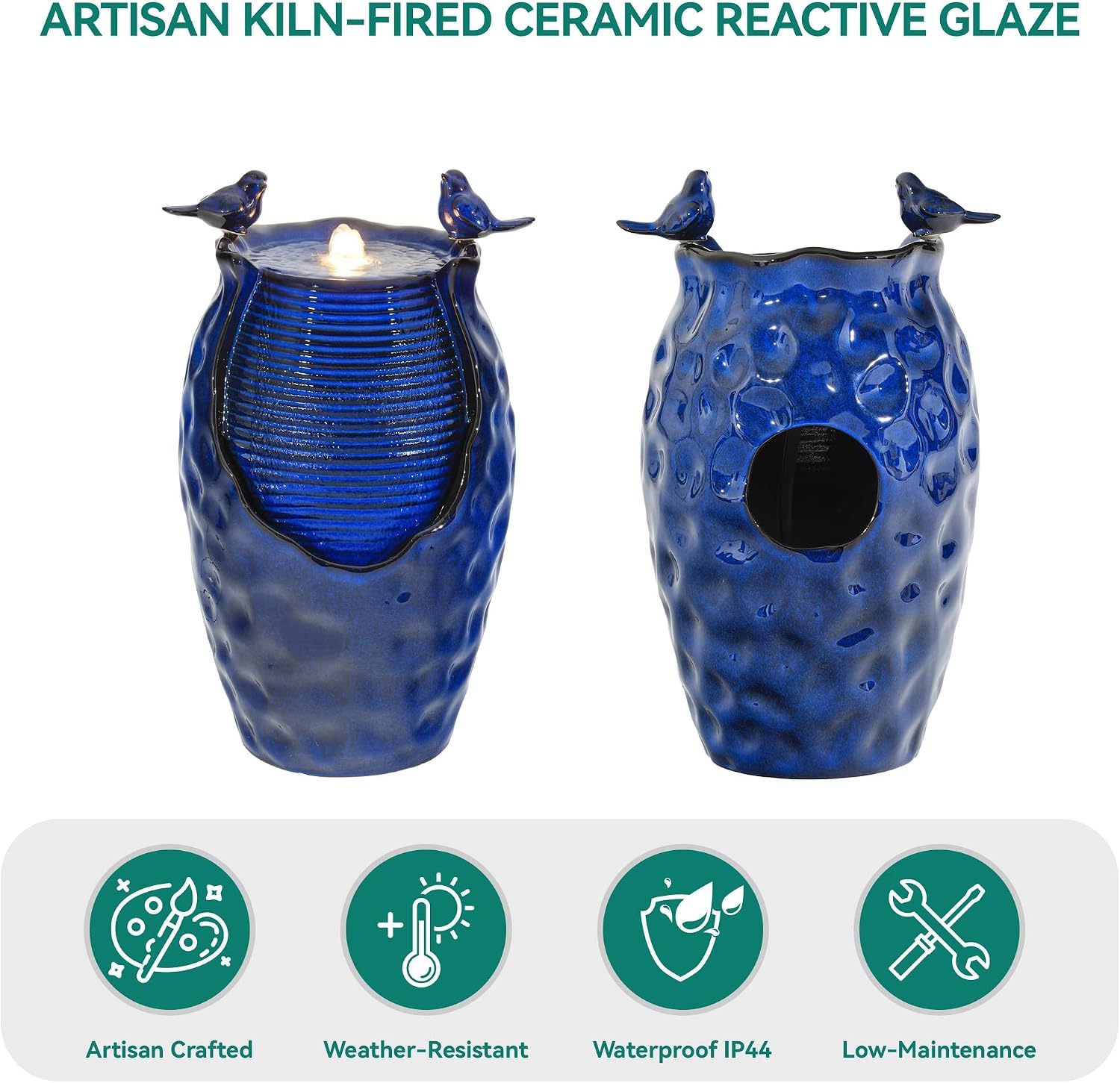 23.5' H Ceramic Jar Outdoor Fountain, Honeycomb Pot Water Feature with LED Lights, Soothing Trickling Waterfall for Garden, Patio, Yard Oasis, KD Vivid Bird Accents, Cobalt Blue Glaze,