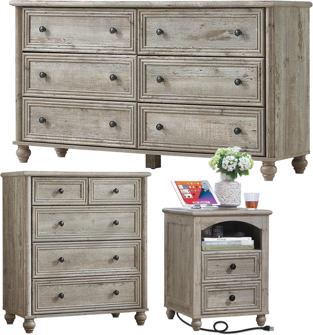 Farmhouse Dressers & Night Stand Set of 3, Wood 54' Wide 6 Drawer Dresser & 35.5'Tall Chest of Drawers, 18' with Charging Station Nightstand, Bedroom Furniture Dresser Set for Home Living Room Hallway