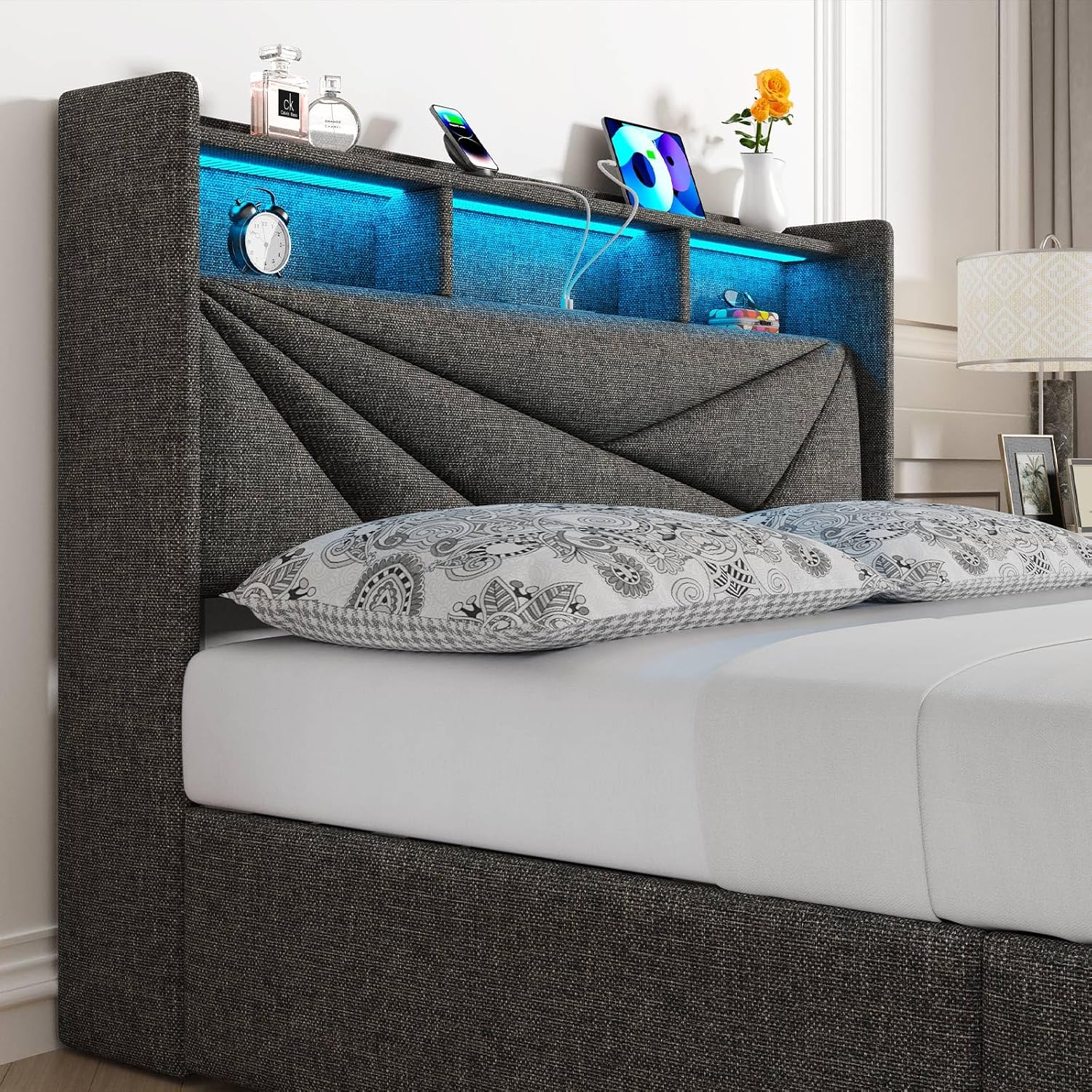 Driftalia LED King Size Bed Frame with 4 Storage Drawers, Upholstered King Bed Frame with 2-Tier Headboard and Charging Station, No Box Spring Needed, Easy to Assembly - Black Grey