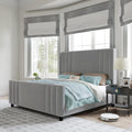 AMERLIFE King Size Bed Frame, Velvet Upholstered Platform Bed with Vertical Channel Tufted Headboard & Footboard/Wingback, Mattress Foundation with Wood Slats, No Box Spring Needed, Light Grey