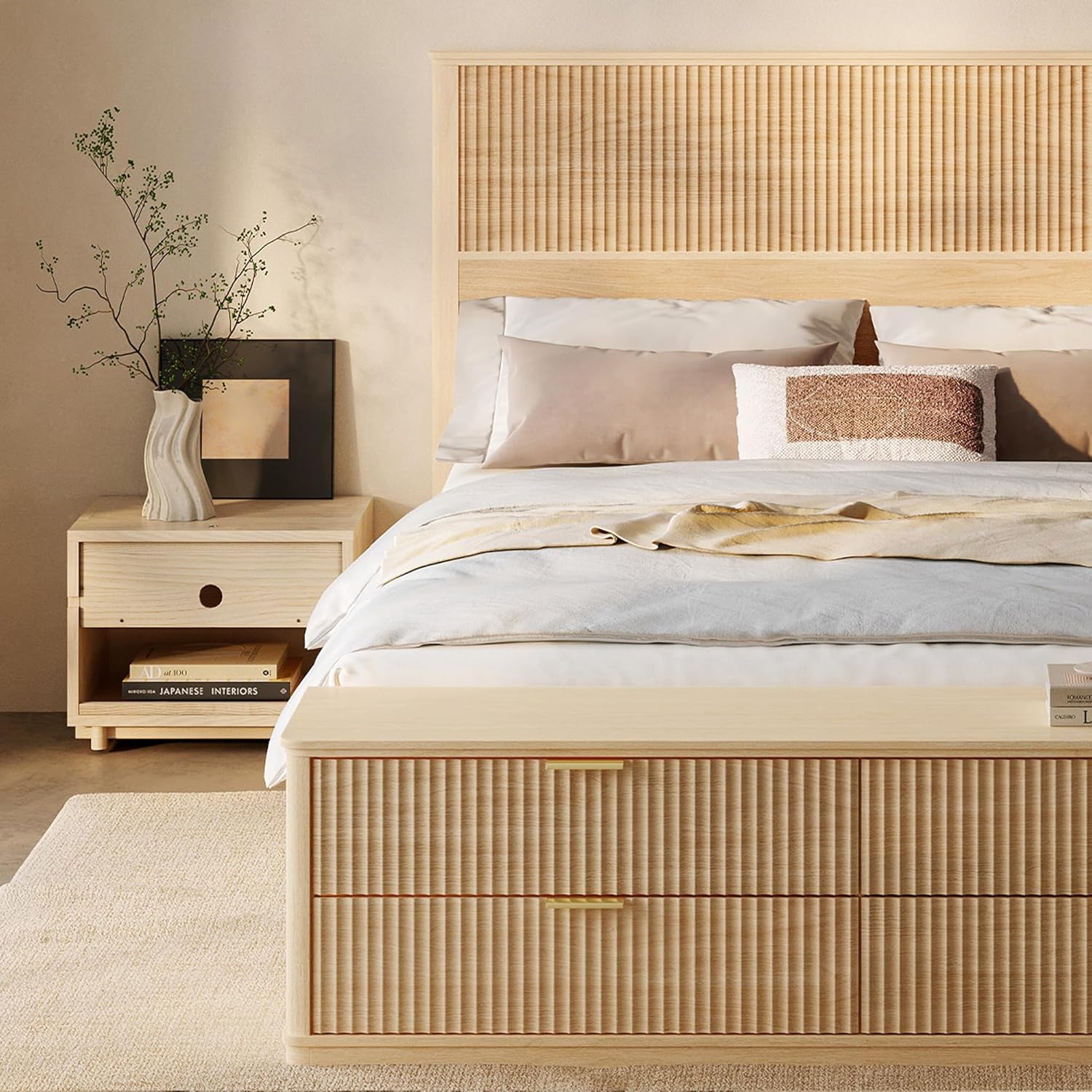 LINSY Storage Bed Frame Queen Bedframe with Drawers, Tall Bed Frame Queen-Size with Headboard and Footboard Bench, Fluted Boho Bed Frames Wooden Platform Beds with Storage, No Box Spring, Light Wood