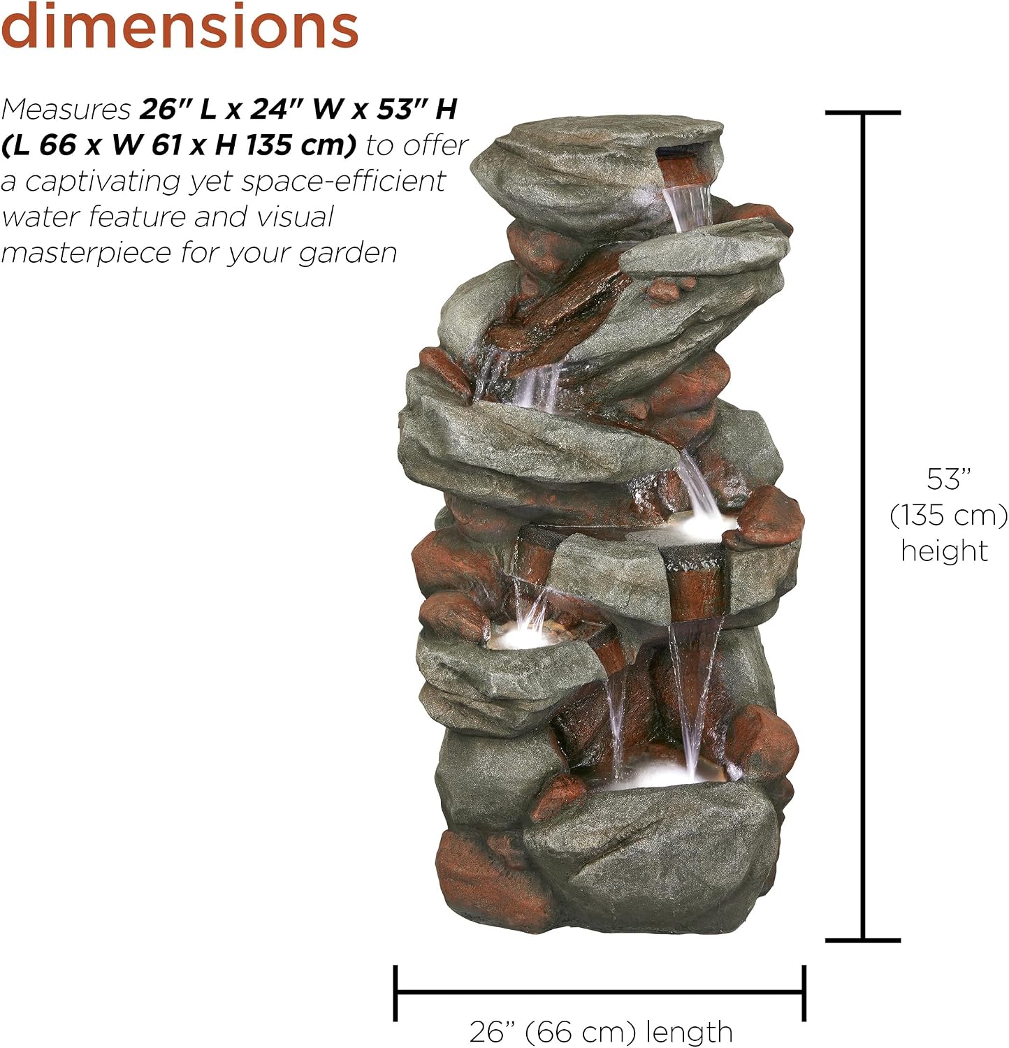 Alpine Corporation WIN1548 Outdoor Floor Cascading Stone Fountain with LED Lights, Tiered Garden Water Fountain, 53' H, Gray