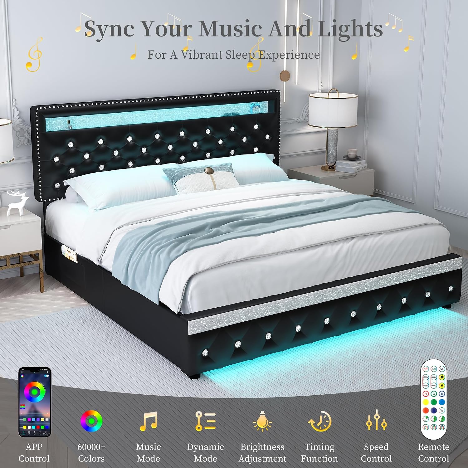 Sibeds King Led Bed Frame with 2 Drawers, Heavy Duty King Size Platform Bed with Storage, Upholstered Bed Frames with Adjustable Headboard, Solid Support, No Box Spring Needed, Easy Assembly, PU Black