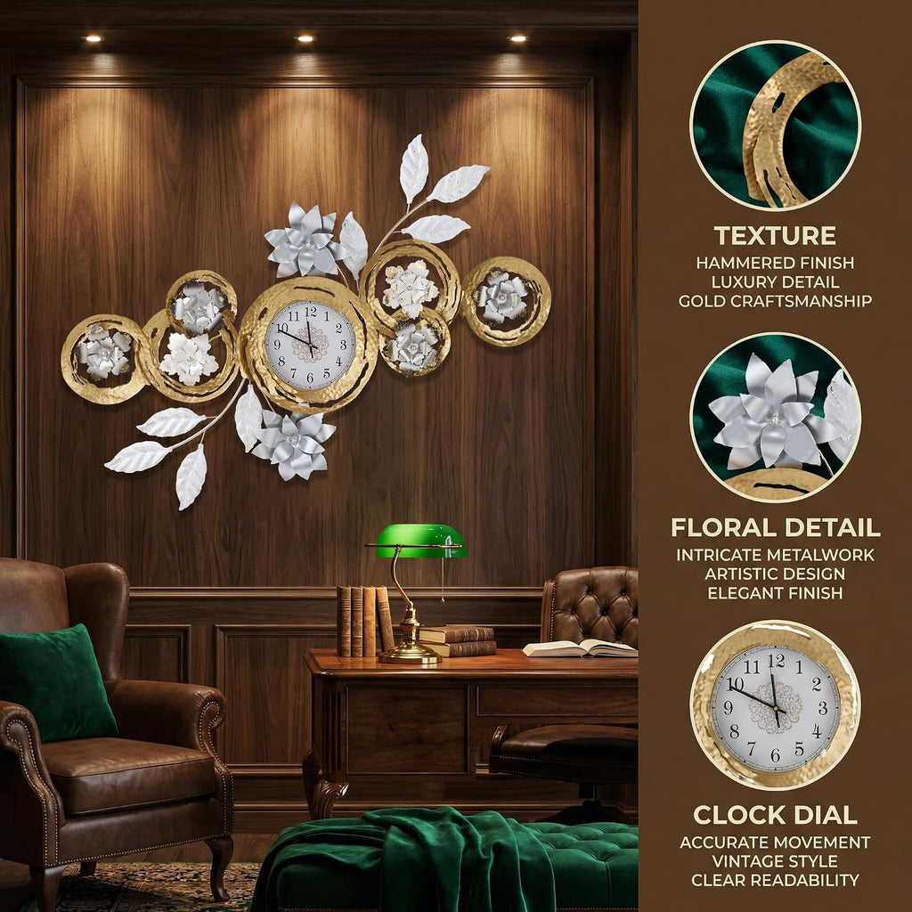 Large 3D Metal Wall Decor Vintage Gold Abstract Circular Exquisite Clocks And Black And White Gradient Metal Floral Wall Art Are Suitable For Aesthetic In Living rooms Bedrooms Kitchens And Offices