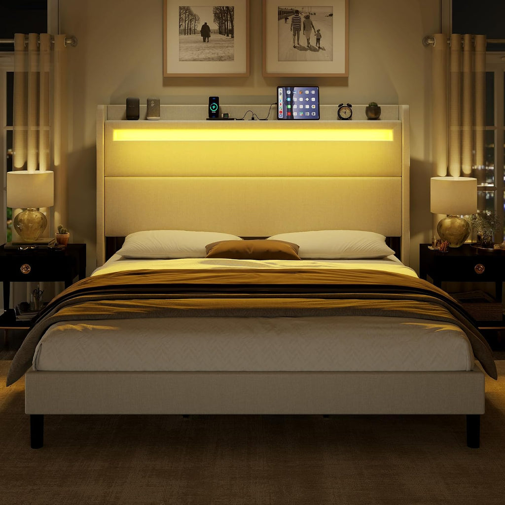 AMERLIFE King Bed Frame with LED Lights & Wingback Headboard, Upholstered Platform Bed with USB & USB-C Ports, No Box Spring Needed/Noise Free/White