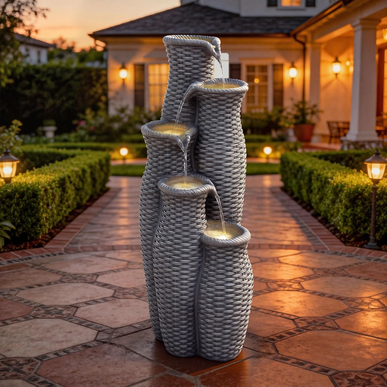 Outdoor Water Fountain with Lights, 5-Tier Faux Rattan Vase Waterfall, Textured Gray Polyresin Cascading Waterfall Feature with Soothing White Noise for Garden, Patio, Yard, or Porch