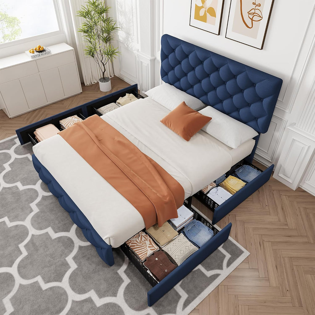 IDEALHOUSE Full Size Bed Frame with 4 Storage Drawers and Adjustable Headboard, Linen Upholstered Platform Beds, Diamond Stitched Button Tufted, No Box Spring Needed, Blue