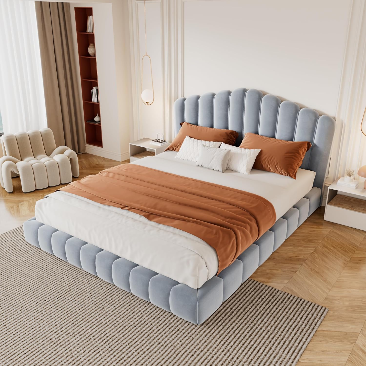 JIVOIT Velvet Upholstered Platform Bed, Queen Bed Frame with Shell-Shaped Headboard, Low-Profile Platform Design with Wood Slats Support, No Box Spring Needed (Light Blue * 167)