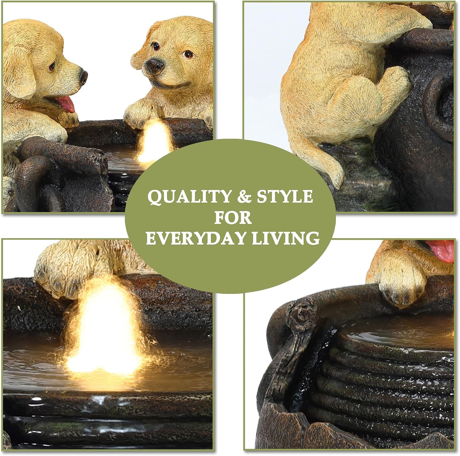 LuxenHome Outdoor Water Fountain, 16 Inch Adorable Puppies Resin Water Fountains Indoor with LED Lights, Farmhouse Waterfall Outdoor, Indoor Fountains and Waterfalls for Patio, Garden Decor