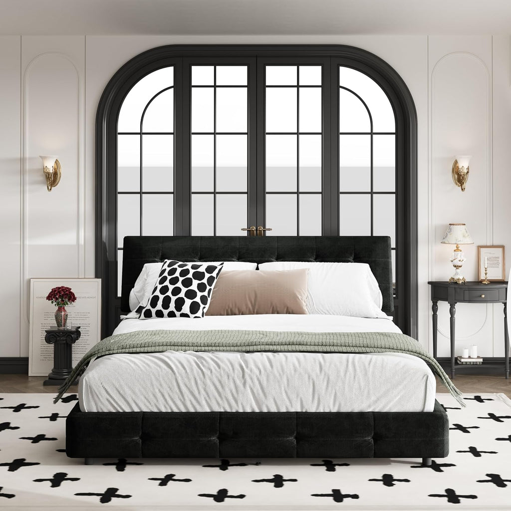 Queen Size Platform Bed Frame, Tufted Headboard with Extra-Large Ultra-Soft Cloud Pillow Design, Chenille Platform Bed with Metal and Wooden Slats Double Support, No Box Spring Needed (Black-Queen,7)