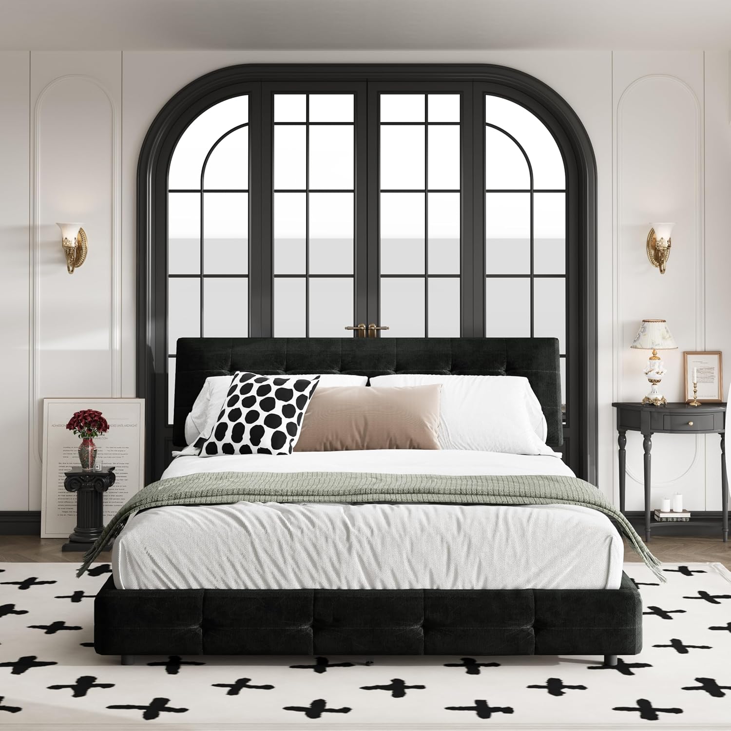 Queen Size Platform Bed Frame, Tufted Headboard with Extra-Large Ultra-Soft Cloud Pillow Design, Chenille Platform Bed with Metal and Wooden Slats Double Support, No Box Spring Needed (Black-Queen,7)