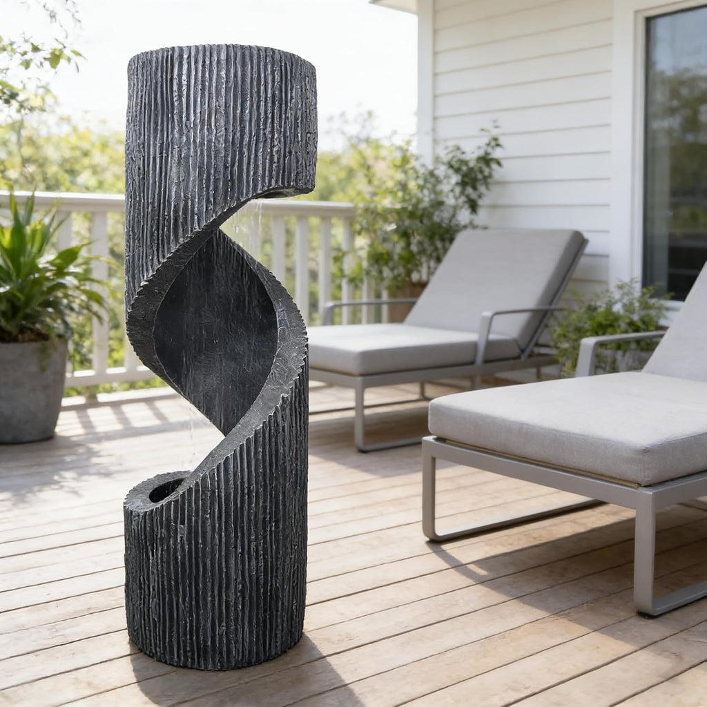 Large Spiral Waterfall Fountain with LED and Planter - Indoor/Outdoor Resin Garden Water Feature, Decorative Waterfalls & Fountains for Patio, Yard 11.8'x11.8'x39.4'(Gray) (Deep Gray)