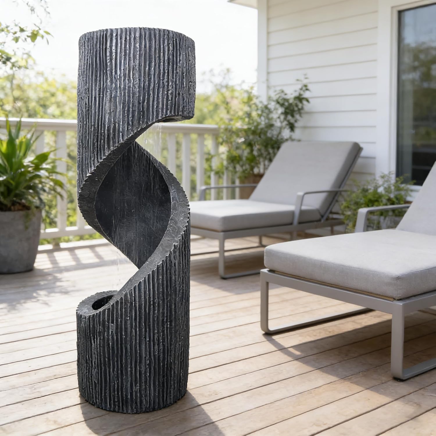Large Spiral Waterfall Fountain with LED and Planter - Indoor/Outdoor Resin Garden Water Feature, Decorative Waterfalls & Fountains for Patio, Yard 11.8'x11.8'x39.4'(Gray) (Deep Gray)
