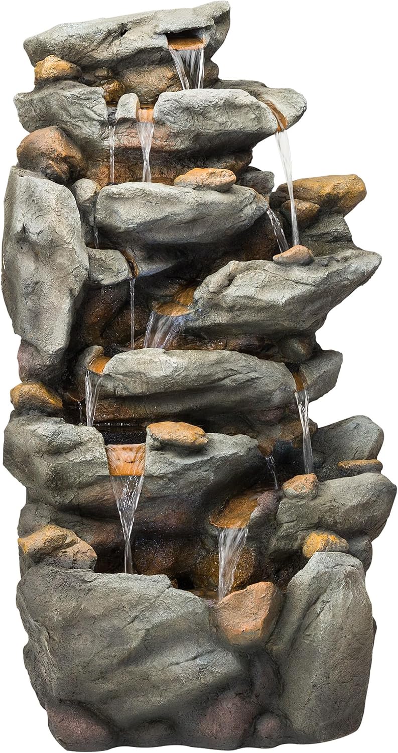 Alpine Corporation TZL130 Outdoor Floor 8-Tiered Rock Waterfall Fountain with LED Lights and Natural Stone Look, 50', Gray