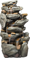 Alpine Corporation TZL130 Outdoor Floor 8-Tiered Rock Waterfall Fountain with LED Lights and Natural Stone Look, 50', Gray