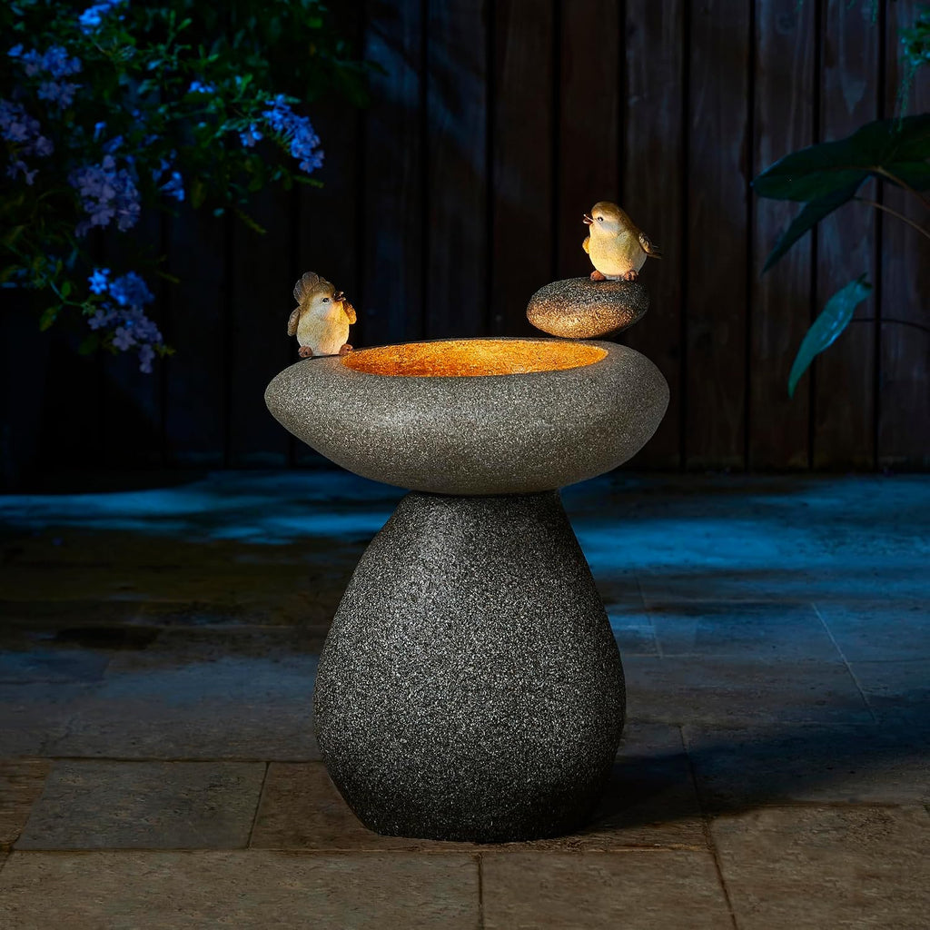 Glitzhome 20.75' H Water Fountain with LED Light and Pump, Zen Style Faux Stone Texture Birdbath Outdoor Fountains with Birds Decor, Floor Fountain for Porch Deck Patio Backyard