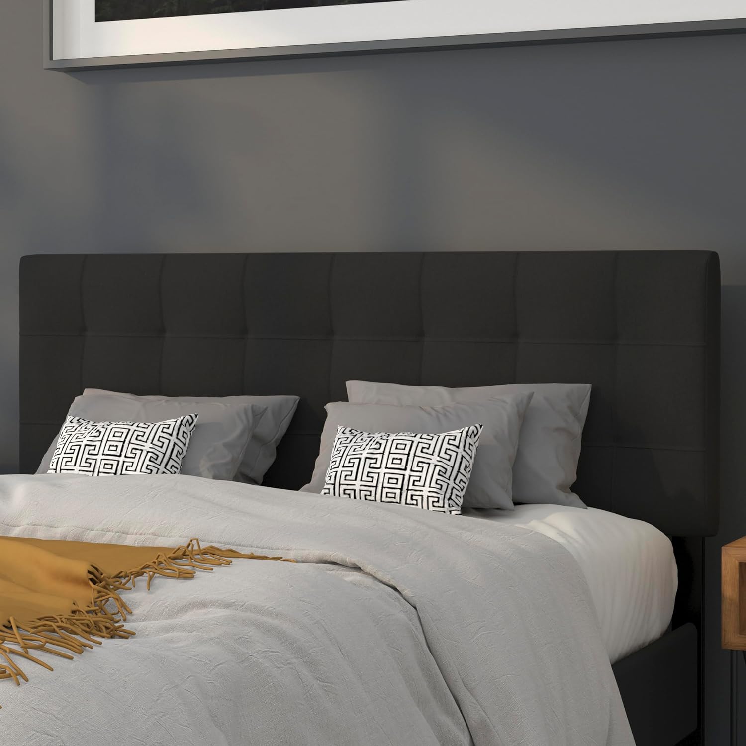 Flash Furniture Bedford Tufted Upholstered Headboard for Queen Size Bed, Contemporary Fabric Tufted Headboard with Adjustable Height, Black