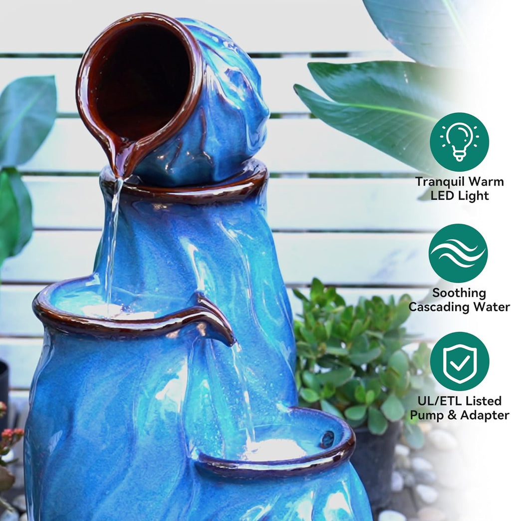 29' Outdoor Water Fountain, Ceramic Outdoor Fountain, Stacked 4-Tier Pots Waterfalls for Garden, Patio, Yard, or Porch Decor, Creating Relaxing Serene Oasis, Dynamic Wave-Texture, Turquoise