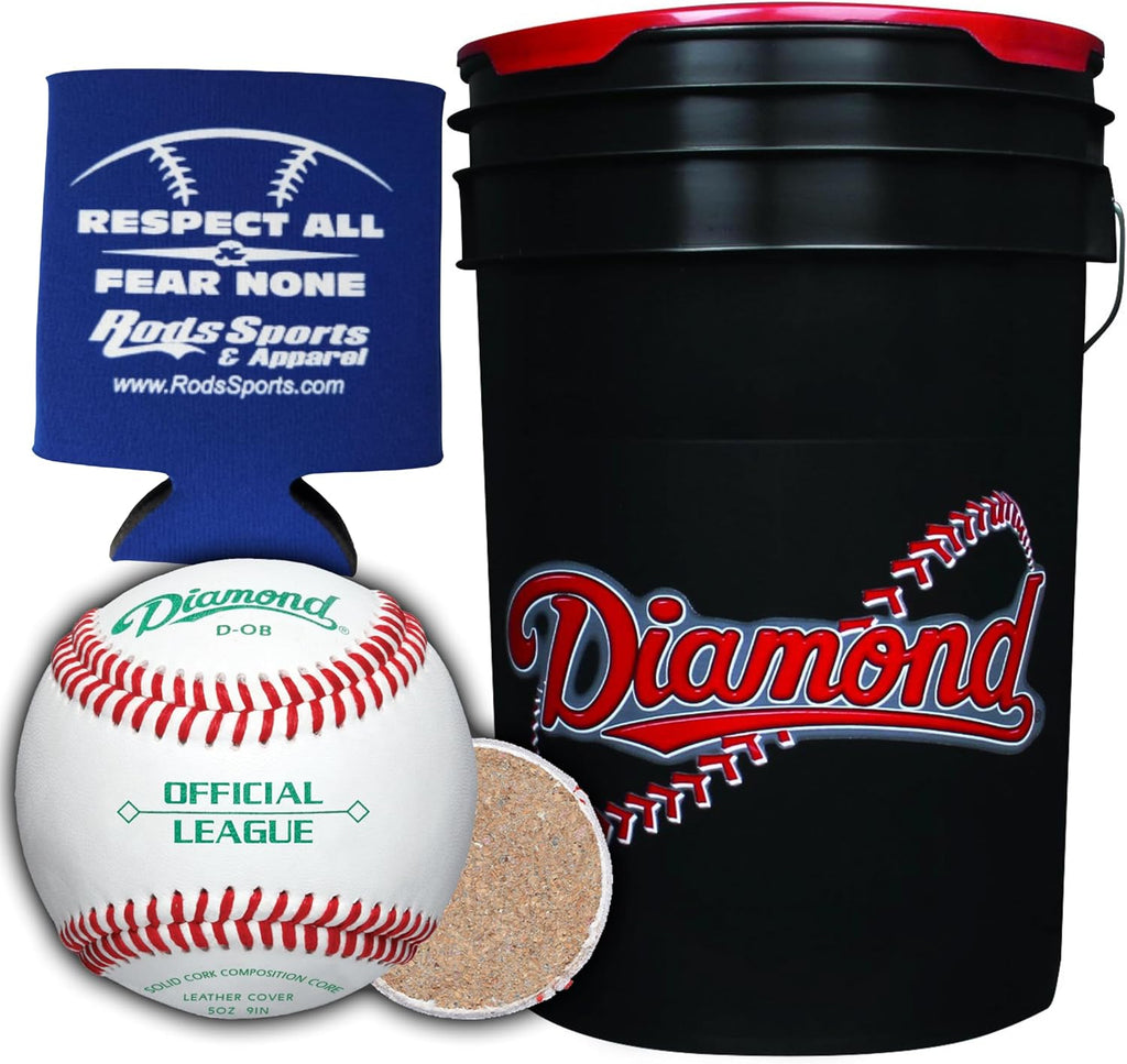 Diamond Sports D-OB DOB Baseballs in 6-Gallon Ball Black Cushion Lid Bucket 30 Balls with Rods Insulated Can Sleeve