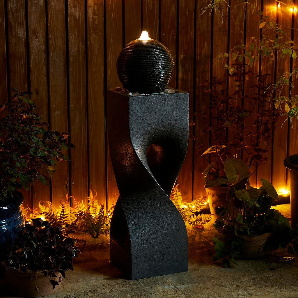Glitzhome Modern Geometric Outdoor Water Fountain with LED Light, Oversized Pedestal Water Fountains with Submersible Pump, Sphere Floor Standing Fountain with Pebbles for Garden Patio Decor, 40.5'H