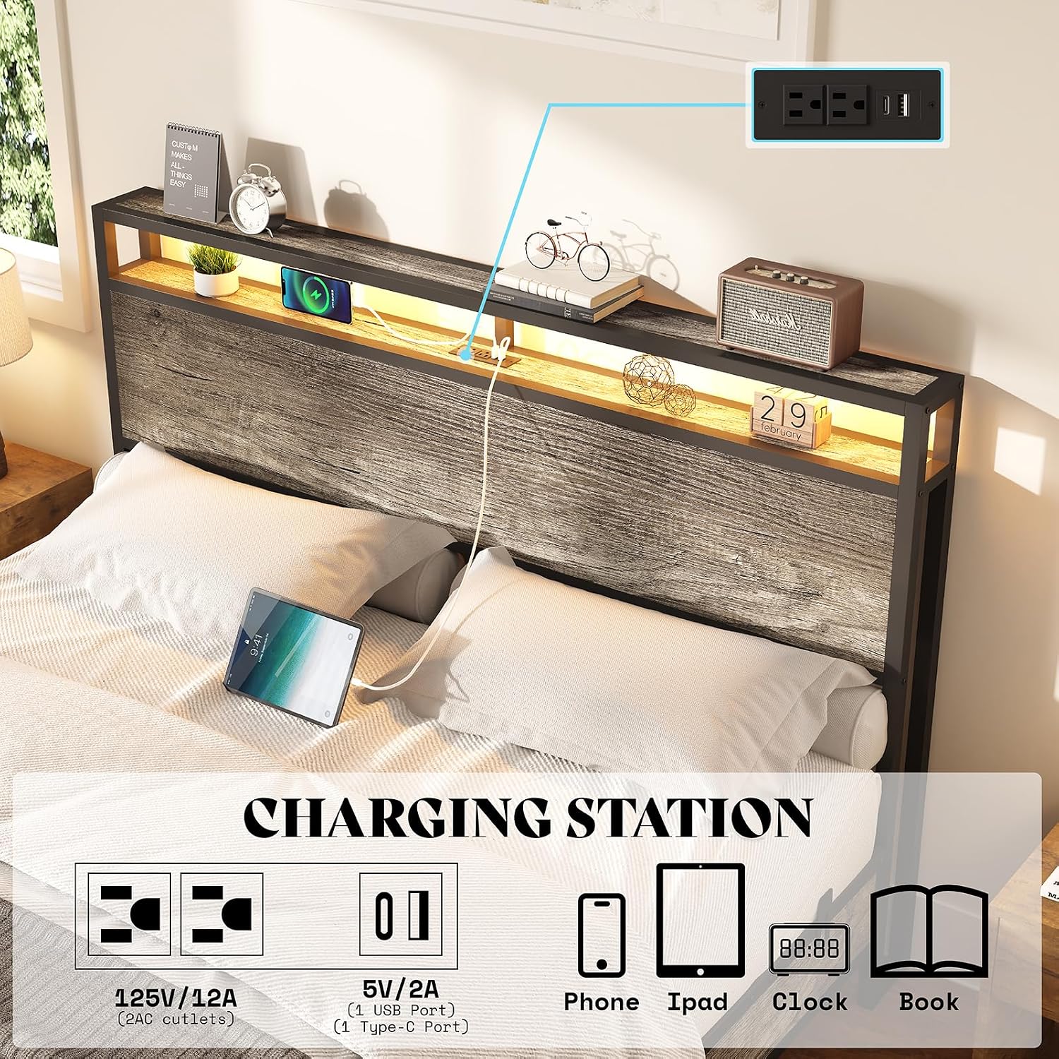 AMERLIFE Full Size Floating Bed Frame with 2-Tier Storage Headboard, Metal Bed Frame with Charging Station & LED Lights, No Box Spring Needed, Rustic Grey