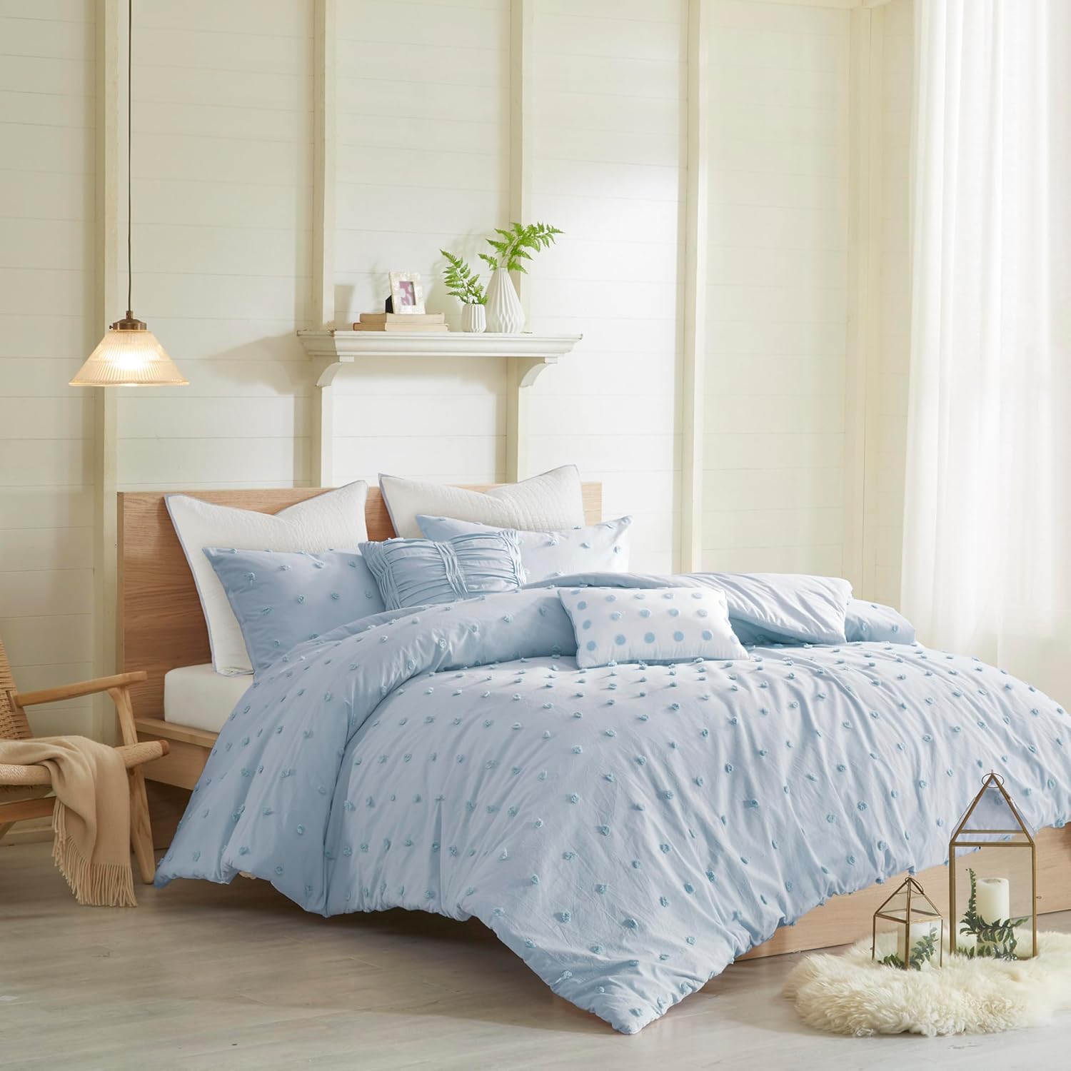 Intelligent Design Cotton Comforter Set - Jacquard Tufts Pompom Design All Season Bedding, Matching Shams, Decorative Pillows, Full/Queen (88 in x 92 in), Blue 7 Piece