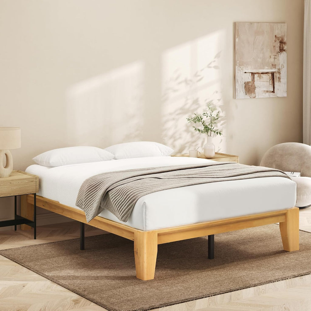 Lifezone Wood Queen Platform Bed Frame, Premium Solid Wood, Sturdy Structure, 3.78' Thickened & 14' Height Legs, Easily Assemble, Mortise & Tenon Joints Patterns, Natural