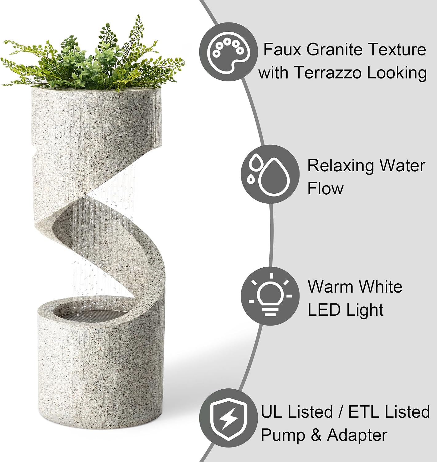 Glitzhome Outdoor Water Fountain with LED Light, Decorative Tiered Curved Waterfall Fountain with Stone Planter, Faux Terrazzo Spiral Shaped Outdoor Fountains for Garden Deck Patio Porch, 31.25'H