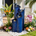 32' Outdoor Water Fountain, Ceramic Outdoor Fountain, Stacked 4-Tier Vase Waterfalls for Garden, Patio, Yard, or Porch Decor, Creating Relaxing Serene Oasis, Embossed Leaf Pattern, Cobalt Blue