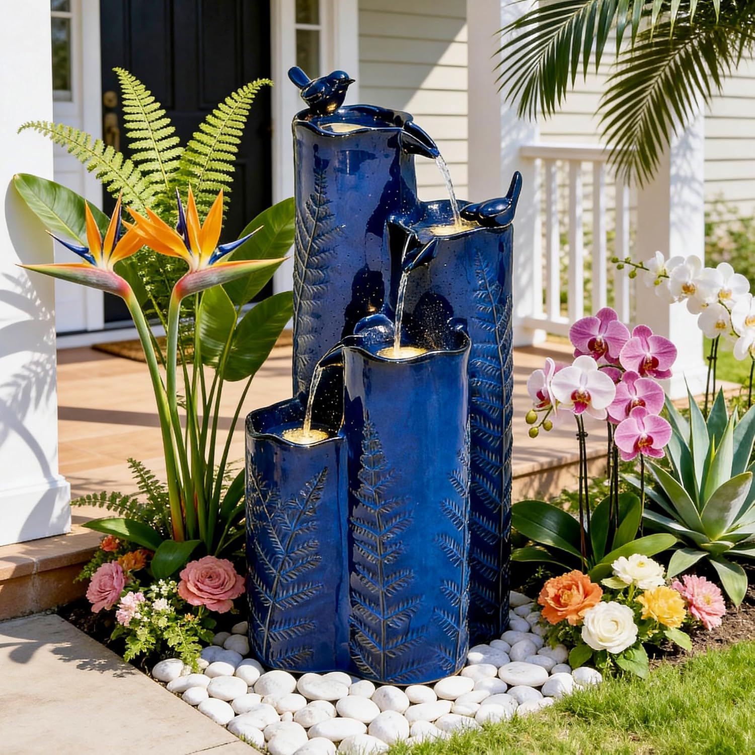 32' Outdoor Water Fountain, Ceramic Outdoor Fountain, Stacked 4-Tier Vase Waterfalls for Garden, Patio, Yard, or Porch Decor, Creating Relaxing Serene Oasis, Embossed Leaf Pattern, Cobalt Blue