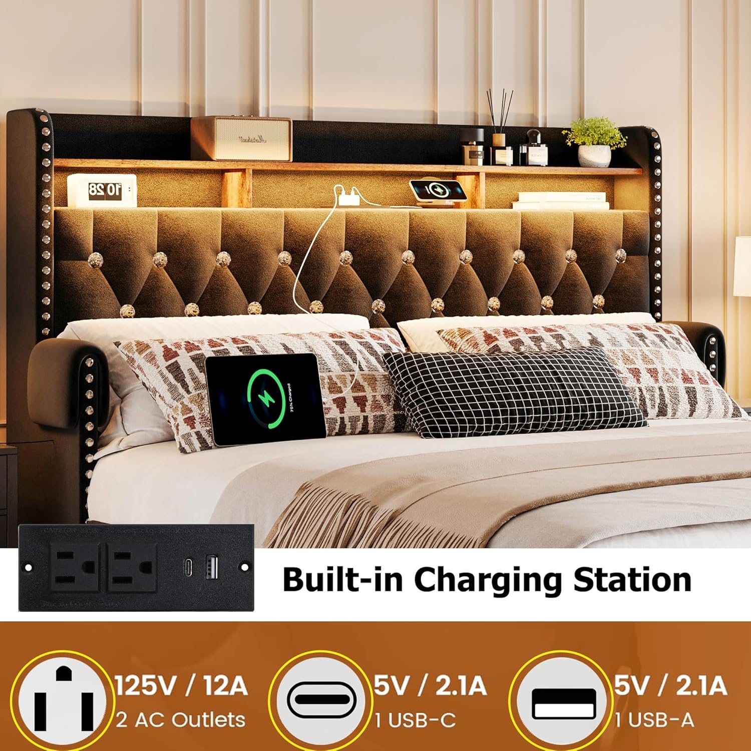 Ailisite Twin Size Bed Frame with 4 Storage Drawers and RGB Led Lights,Velvet Upholstered Platform Bed with Charging Station and Bookcase Storage Headboard, with Crystal and Rivet Deco, Black