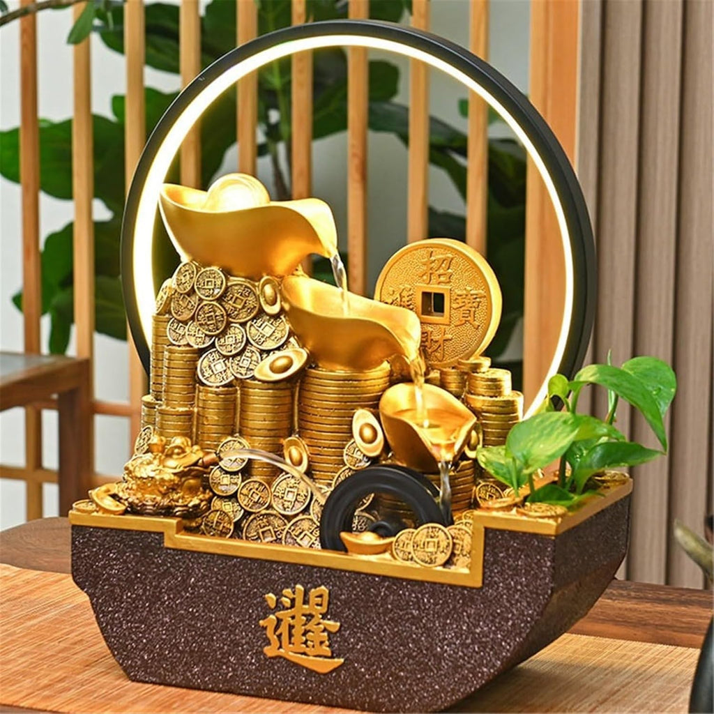 Tabletop Fountain Waterfall Indoor Tabletop Water Fountain, Chinese Style Flowing Ornaments with Feng Shui Wheel