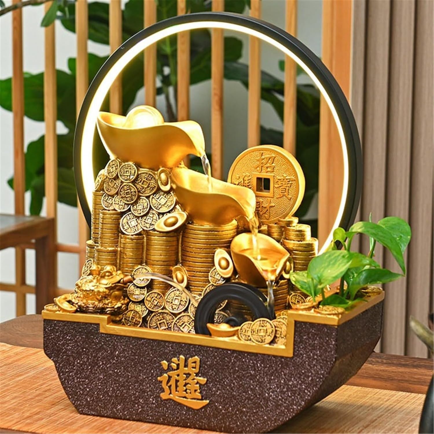 Tabletop Fountain Waterfall Indoor Tabletop Water Fountain, Chinese Style Flowing Ornaments with Feng Shui Wheel