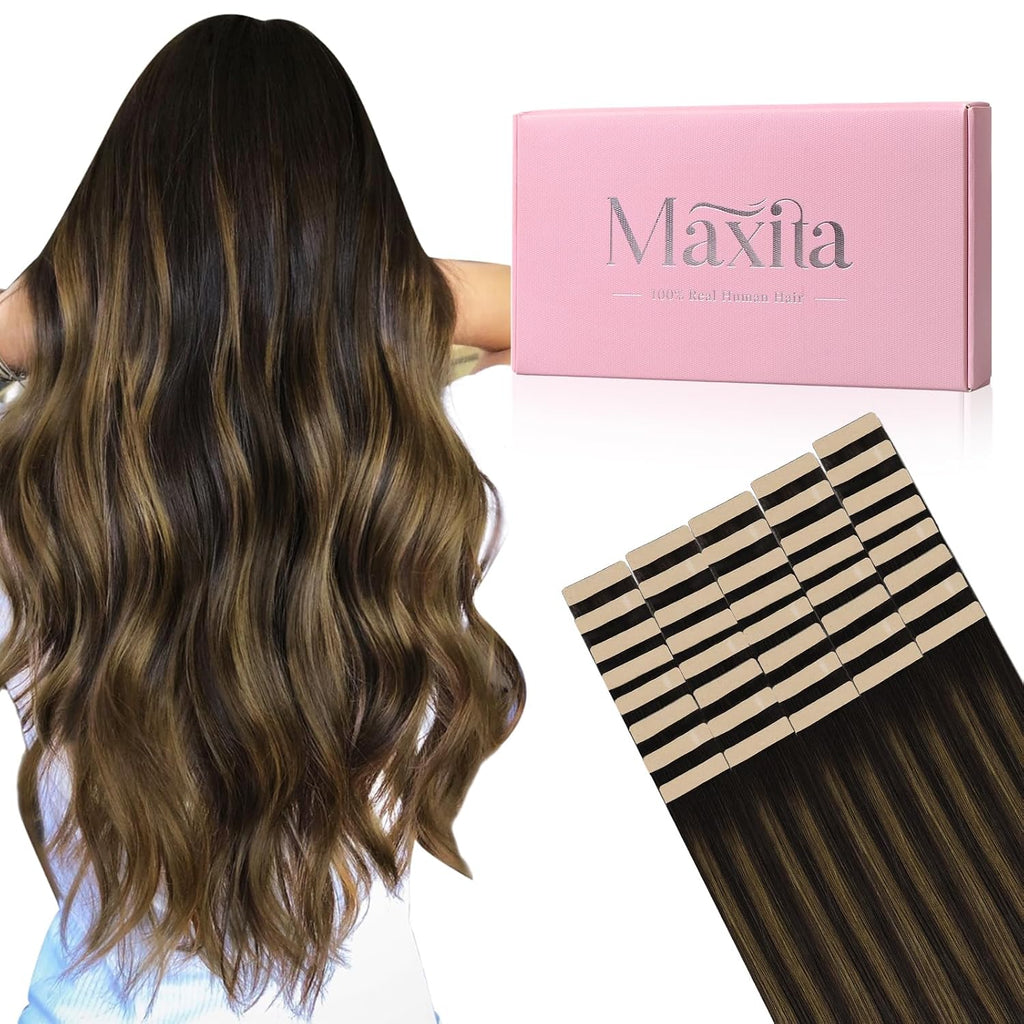 MAXITA Tape in Hair Extensions Human Hair Balayage Dark Brown to Chestnut Brown 20 inch 100g 40pcs Real Human Hair Extensions Natural Hair Extensions Remy Straight Hair