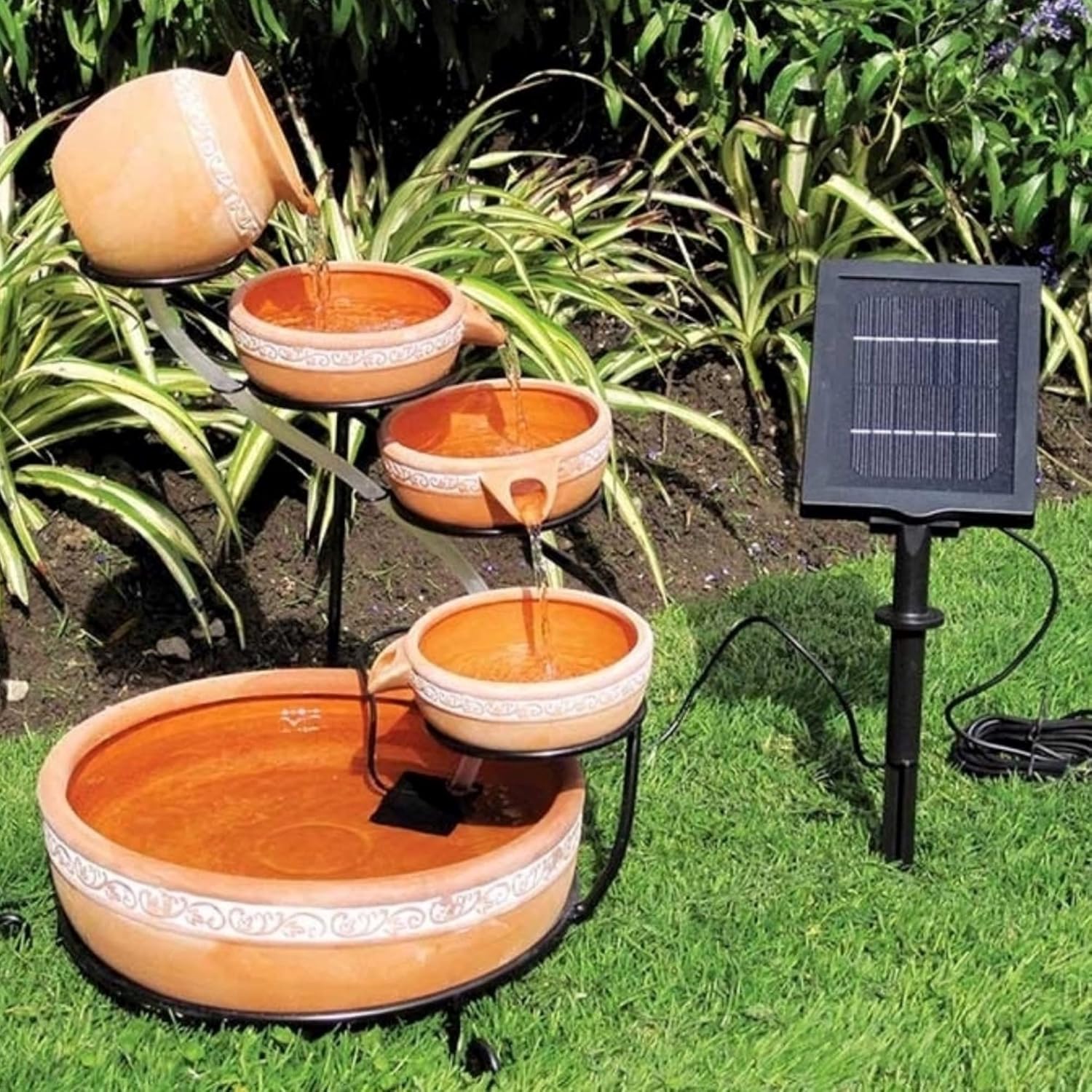 Koolscapes Solar-Powered 5-Tier Cascading Fountain, Terracotta Clay Pots, Self-Contained Water Feature, Low-Maintenance Outdoor Fountain for Deck Porch Balcony Garden Yard Pool Patio