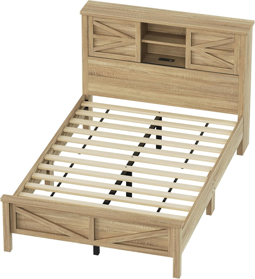 Farmhouse Bedroom Set 3 Pieces, Full Size Wood Platform Bed Frame, Nightstand and Dressing Table, Full Bedframe with Double Sliding Door Headboard and Charging Station (Natural, Full)