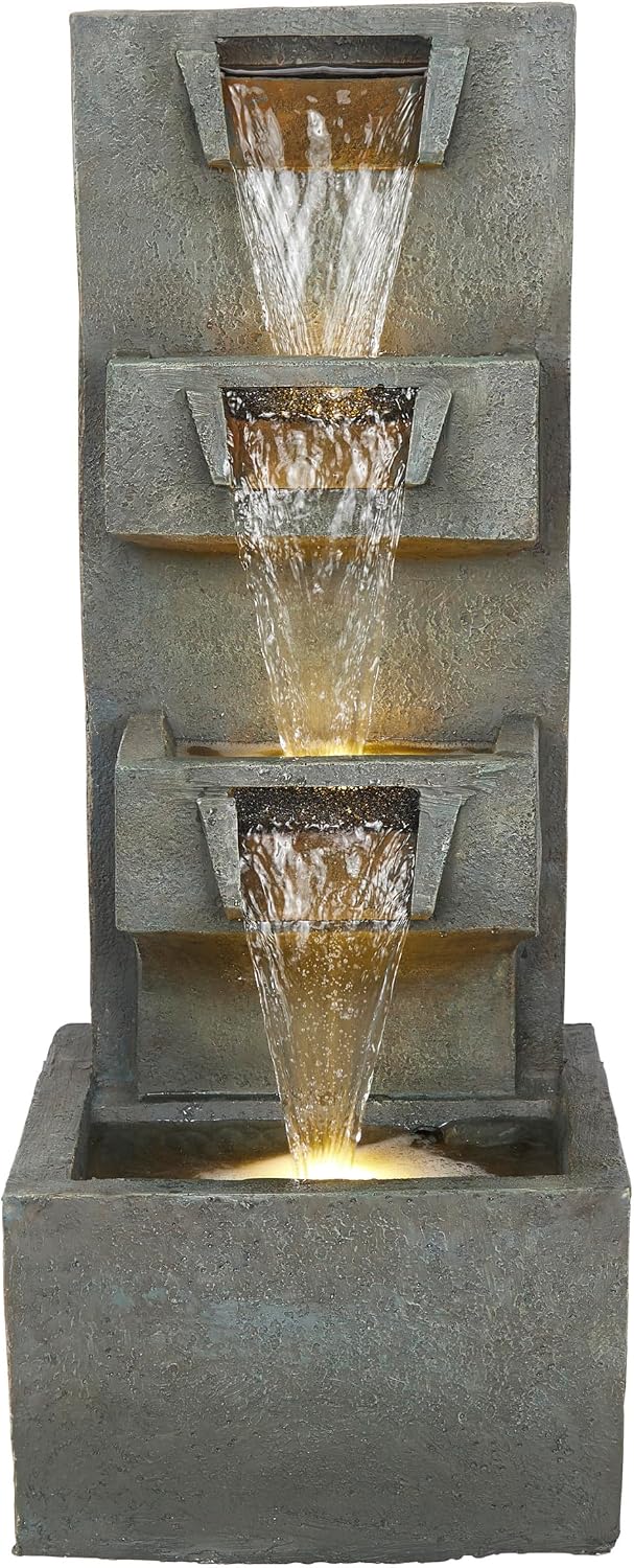 Alpine Corporation TZL406 33' 3 Tier Basin Cascading Fountain with LED Lights, Outdoor Water Feature for Garden, Patio, Backyard & Home Decor, Elegant Waterfall Design, Gray
