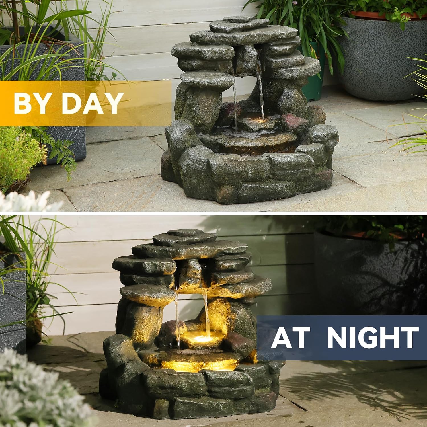 Bumilgar 15.6' H Small Garden Outdoor Rock Water Fountain with LED Lights, 3-Tier Cascading Waterfall Fountain for Patio, Porch, Backyard & Indoor Home Decor