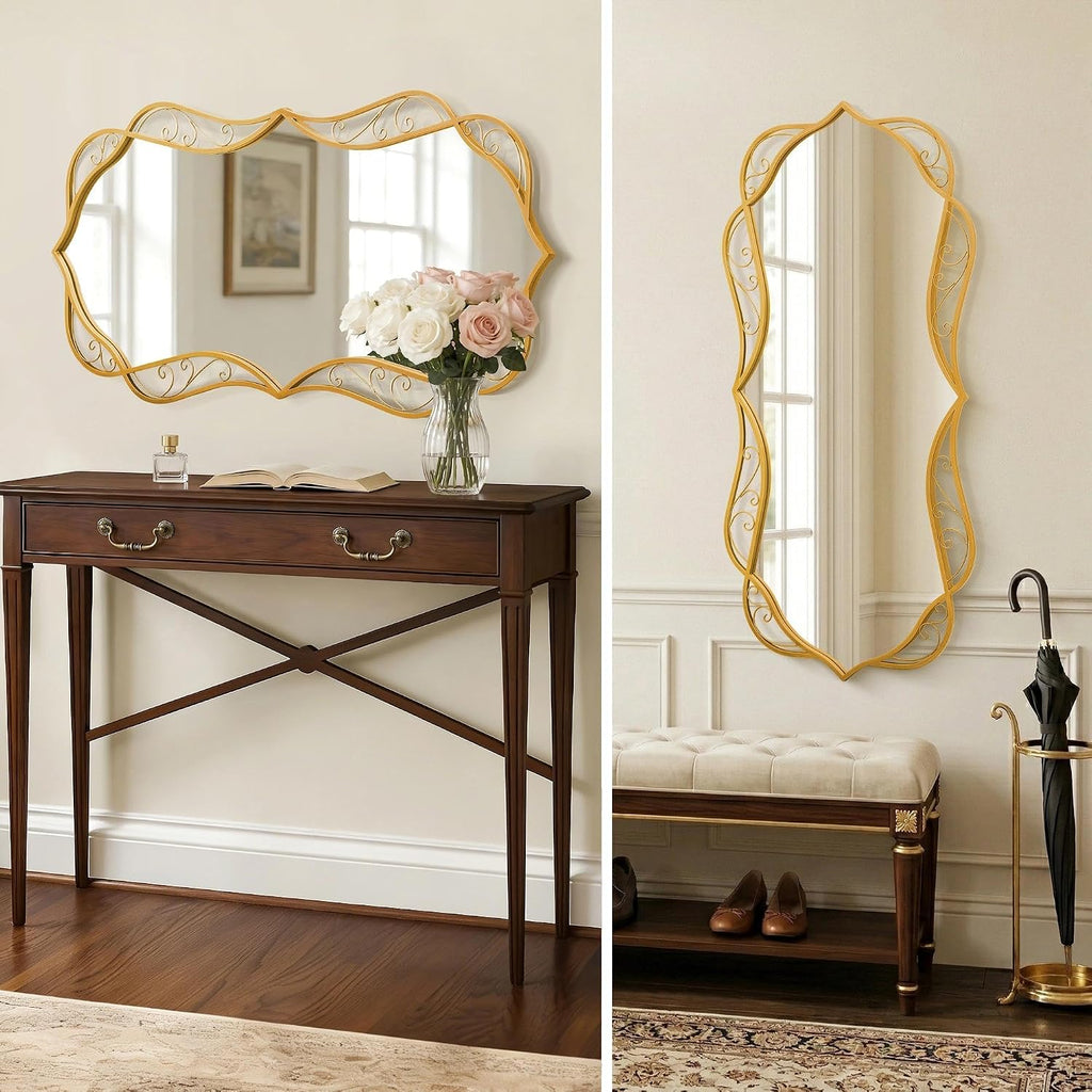 Besdomus Gold Bathroom Large Mirror: 24'x48' Scalloped Modern Large Vanity Mirror for Wall - Farmhouse Decorative Vertical or Horizontal Hanging - Wall Decor for Bathroom/Entryway/Bedroom/Living Room