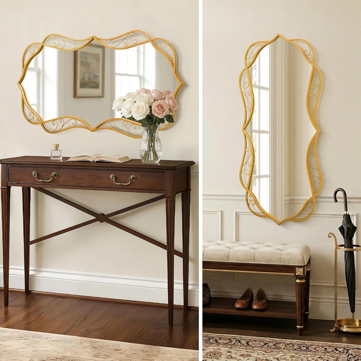 Besdomus Gold Bathroom Large Mirror: 24'x48' Scalloped Modern Large Vanity Mirror for Wall - Farmhouse Decorative Vertical or Horizontal Hanging - Wall Decor for Bathroom/Entryway/Bedroom/Living Room