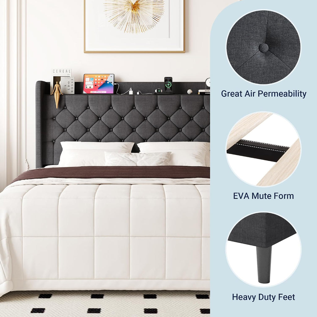 Allewie Queen Size Bed Frame, Storage Headboard with Charging Station, Wingback Linen Upholstered, Diamond Stitched Button Tufted, Sturdy Wooden Slats, No Box Spring Needed, Easy Assembly, Dark Gray