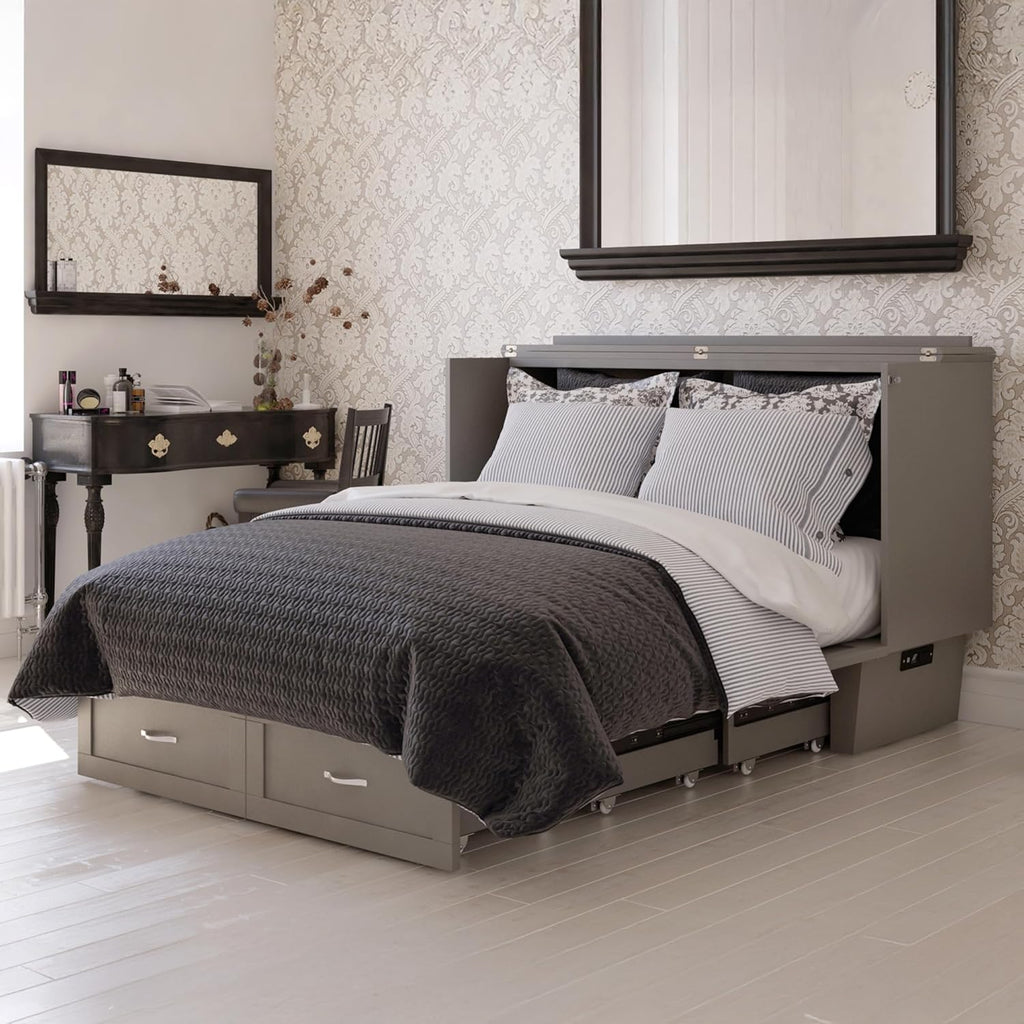 AFI, Monroe Queen Murphy Bed Chest with 6' Mattress, Storage Drawer & Built-in USB Charger, Grey