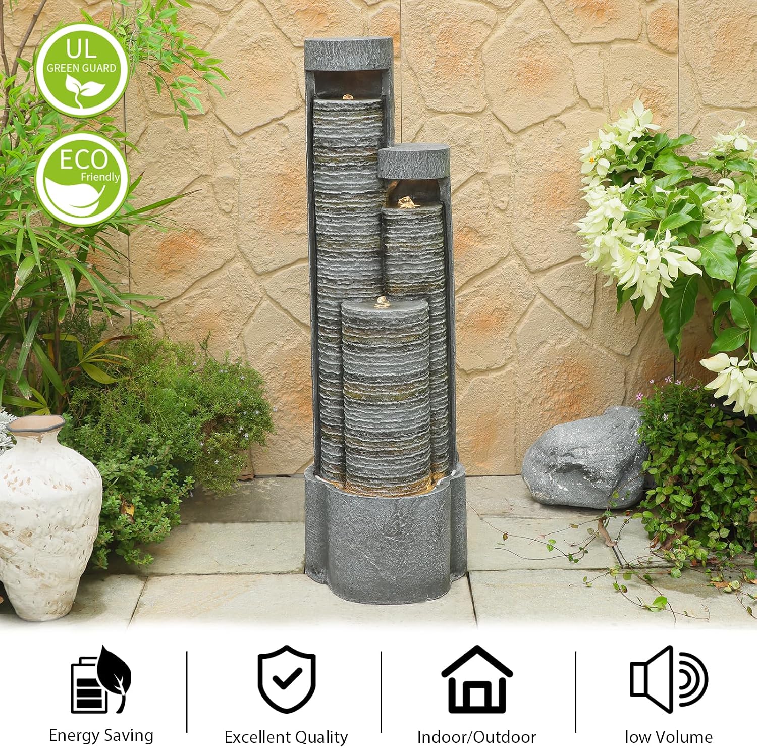 39.76' Tall Indoor Outdoor Water Fountain Modern Water Feature Stone-Textured Cascading Floor-Standing Fountains with Led Lights for Garden, Patio, Balcony, Yard, Office Home Art Decor